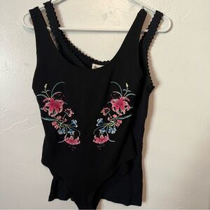 Forever 21 Embroidered Black Bodysuit and Sky and Sand" ribbed tank (2 tanks)